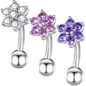 FLYUN CZ Flower Belly Button Ring, 316l Surgical Steel Belly Ring, Reverse Navel Ring, Dainty Small Belly Rings, Belly Piercing Belly Jewelry (8MM, 3PCS-Silver-Clear&Pink&Purple)