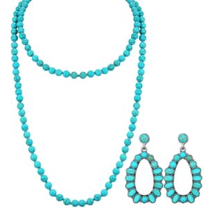 bonuci women necklace set long turquoise beads endless vintage jewelry simulated collar western necklace cute turquoise jewelry earring accessories (exquisite)