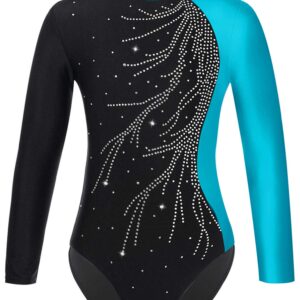 winying Girls Kids Sparkly Rhinestones Gymnastic Leotard Long Sleeve Ballet Dance Athletic Workout Bodysuit Unitard Blue 14 Years