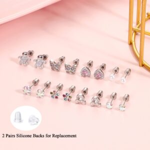 ZELORES 8 Pairs Screwback Earrings for Women Pink CZ Heart Turtle Stud Earrings Stainless Steel Cute Pearl Butterfly Screw Back Earrings Set