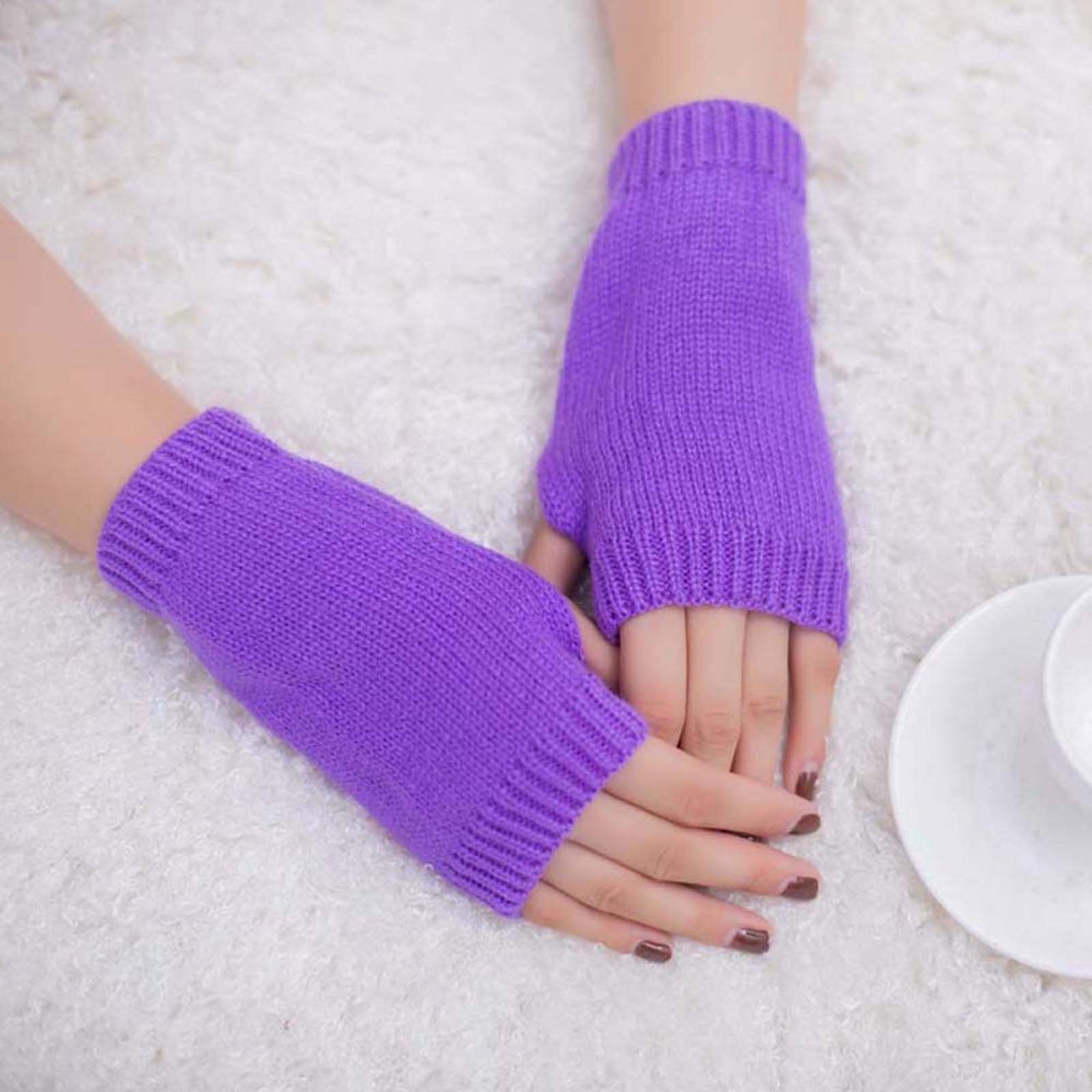 Fingerless Knitted Gloves for Women Winter Warm Mittens Wrist Warmers Stretchy Gloves (Purple, One Size)