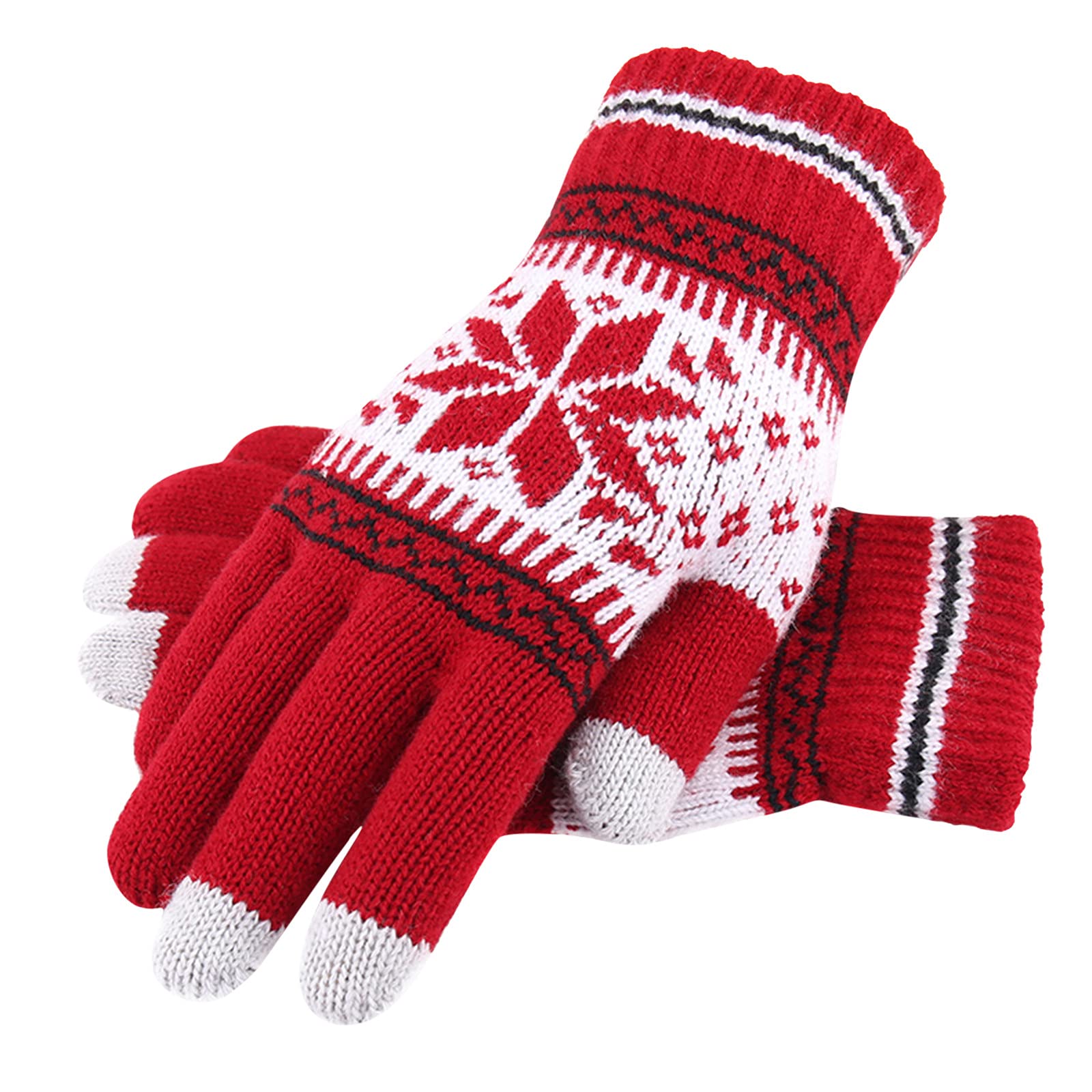 Snowflake Pattern Knitting Gloves for Women and Men Winter Warm Mittens Full Finger Touchscreen Texting Gloves (Red, One Size)