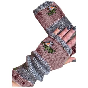 Embroidery Knitted Fingerless Gloves for Women Winter Warm Mittens for Cold Weather (Pink, One Size)