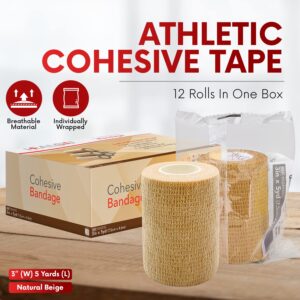 HEALQU Self Adhesive Bandage Wrap – Cohesive Tape for Athletic & Sports - 3" x 5 Yard Self Adherent Medical Tape, Flexible, Waterproof Elastic Bandages for Wrist & Ankle Vet Wrap for Dogs (Box of 12)