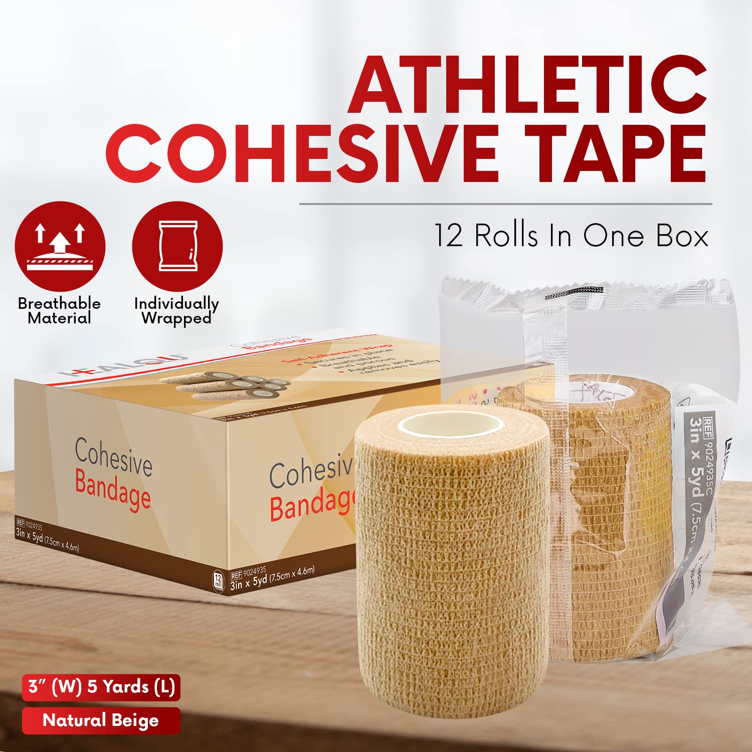 HEALQU Self Adhesive Bandage Wrap – Cohesive Tape for Athletic & Sports - 3" x 5 Yard Self Adherent Medical Tape, Flexible, Waterproof Elastic Bandages for Wrist & Ankle Vet Wrap for Dogs (Box of 12)