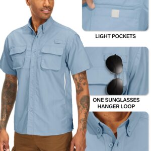 mosingle Men's Fishing Shirts with Zipper Pockets UPF50 Sun Protection Safari Cool Short Sleeve Button Down Shirts Hiking(5018,Blue-L)