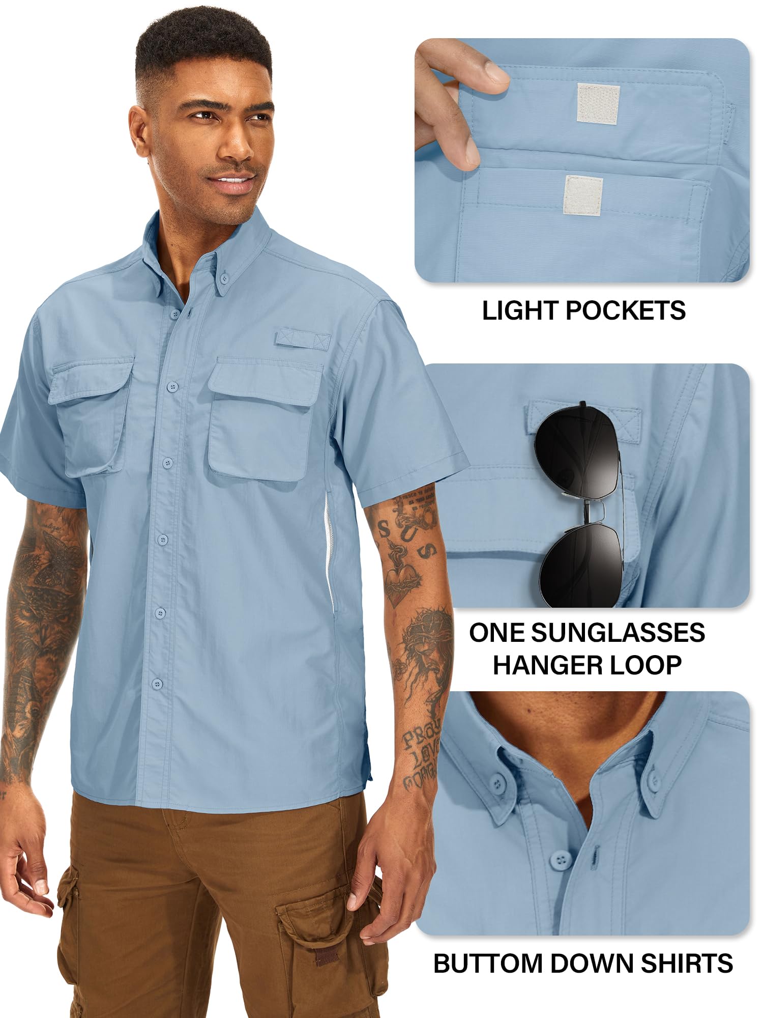 mosingle Men's Fishing Shirts with Zipper Pockets UPF50 Sun Protection Safari Cool Short Sleeve Button Down Shirts Hiking(5018,Blue-L)