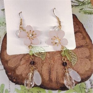 Korean Fashion Resin Sakura Leaf Drop Earring Cute Cherry Blossom Flower Petal Tassel Dangle Earring for Women Statement Holiday Party Jewelry-A cherry blossom