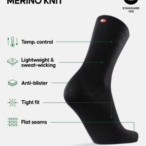 DANISH ENDURANCE Merino Wool Hiking Liner Socks, Thermal, Anti-Blister for Men and Women 2- Pack, Black, Medium