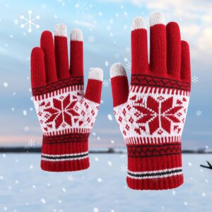 Snowflake Pattern Knitting Gloves for Women and Men Winter Warm Mittens Full Finger Touchscreen Texting Gloves (Red, One Size)