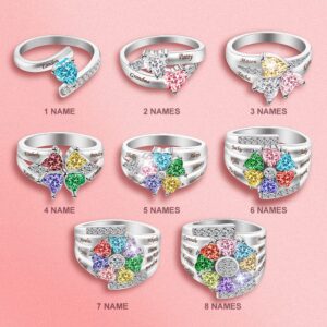 AGISLONE Custom Name Ring for Women Personalized Mom Family Rings with Heart Birthstones for Mother Grandmother Wife (4 stone)