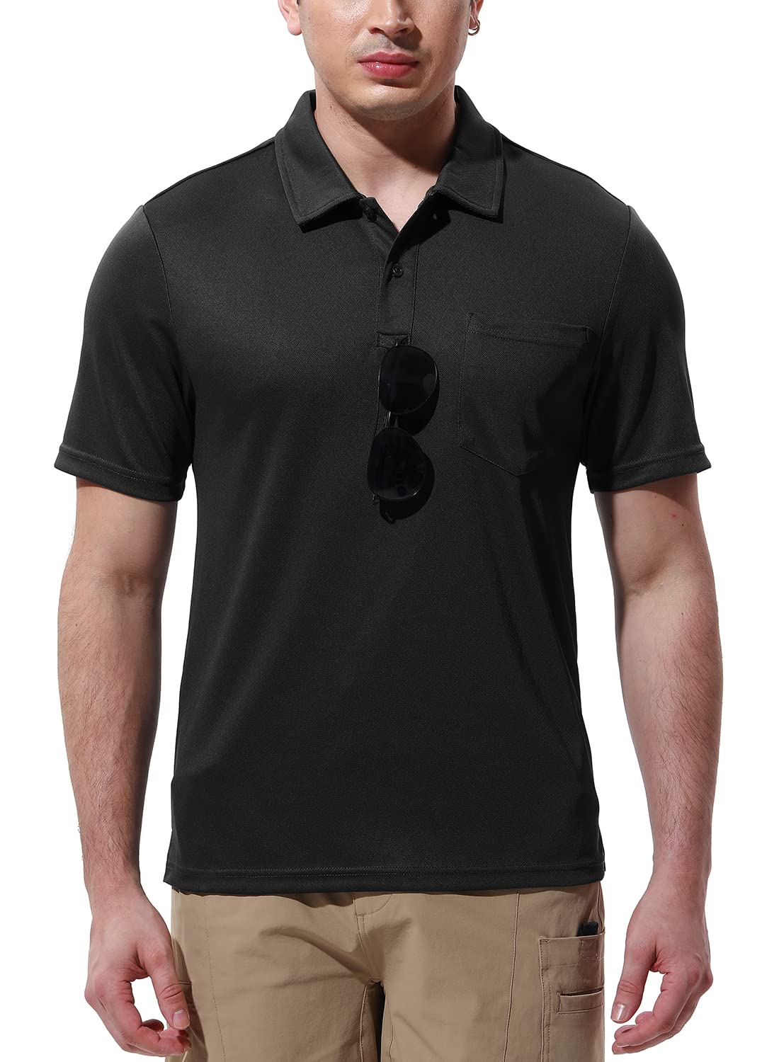 Gopune Men's Short Sleeve Polo Shirts Quick Dry Outdoor Regular Fit Golf Shirts with Pocket Black,L