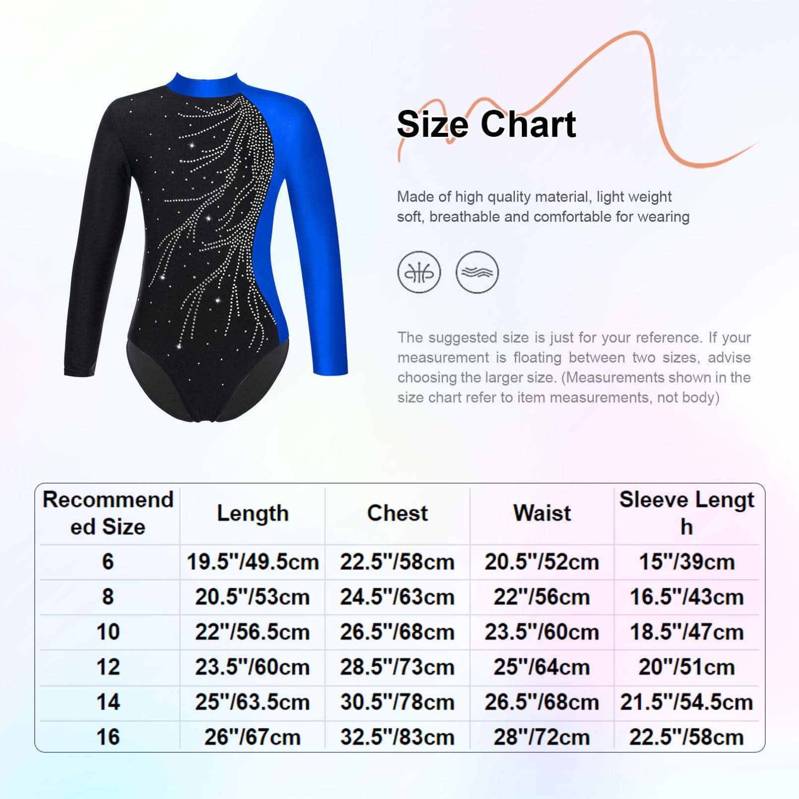 winying Girls Kids Sparkly Rhinestones Gymnastic Leotard Long Sleeve Ballet Dance Athletic Workout Bodysuit Unitard Blue 14 Years