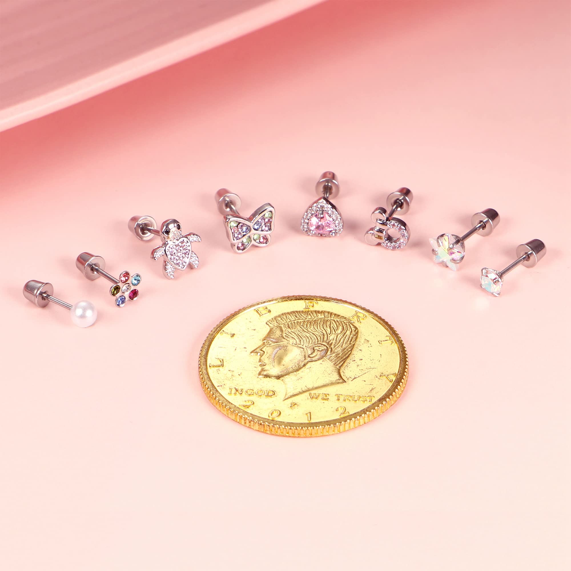 ZELORES 8 Pairs Screwback Earrings for Women Pink CZ Heart Turtle Stud Earrings Stainless Steel Cute Pearl Butterfly Screw Back Earrings Set