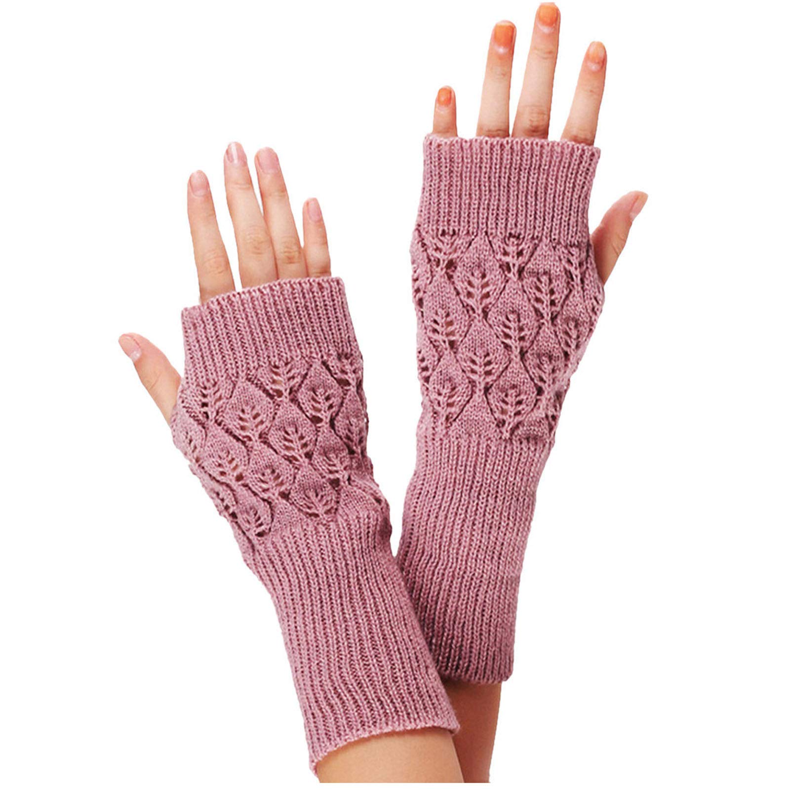 Fingerless Knitted Gloves for Women Winter Warm Mittens Wrist Warmers Solid Color Stretchy Gloves (Hot Pink, One Size)