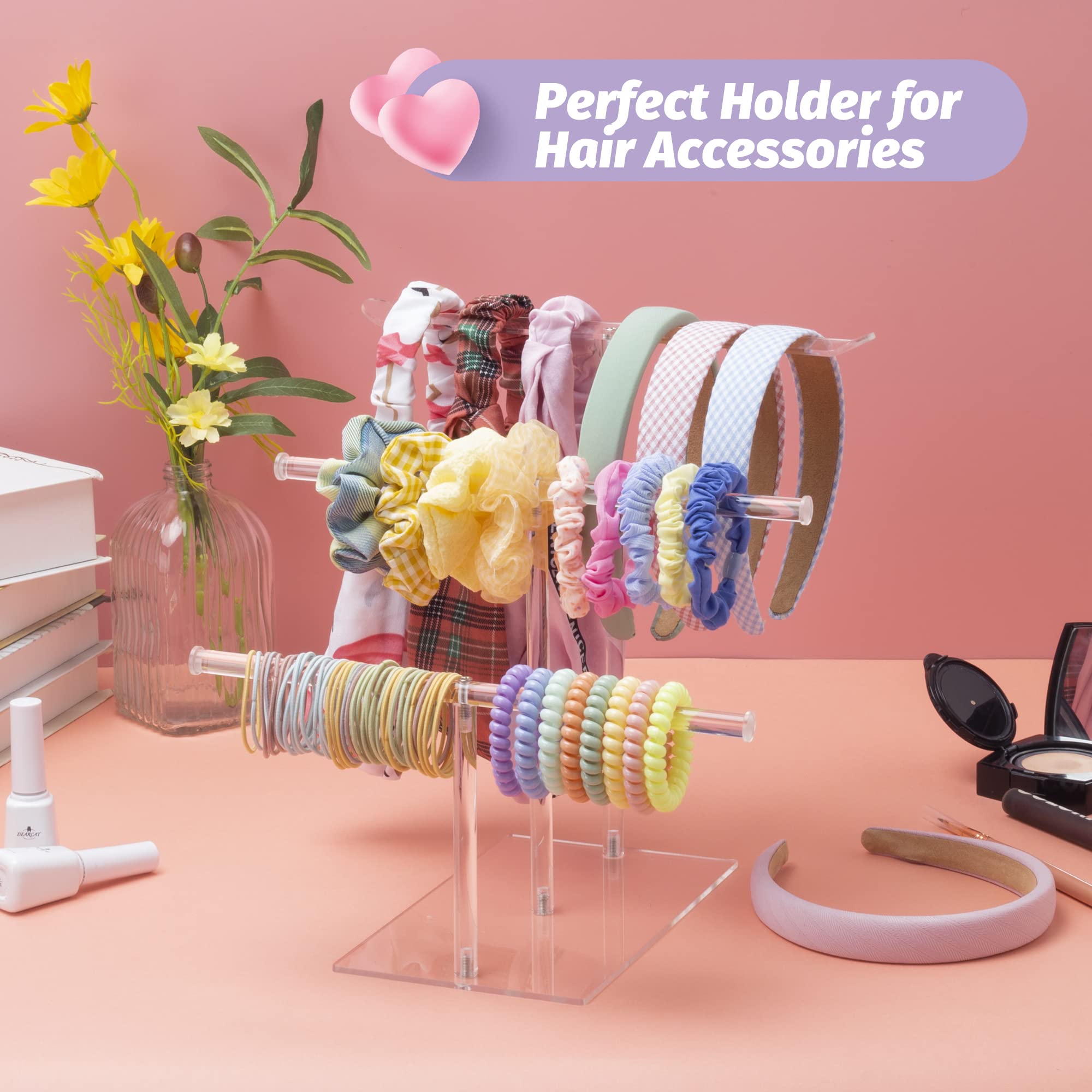 Acrylic Headband Holder Organizer Storage, 3-Tier Clear Scrunchie Holder Stand Hair Accessories Organizer Hair Tie Display Headband Stand for Women and Girls