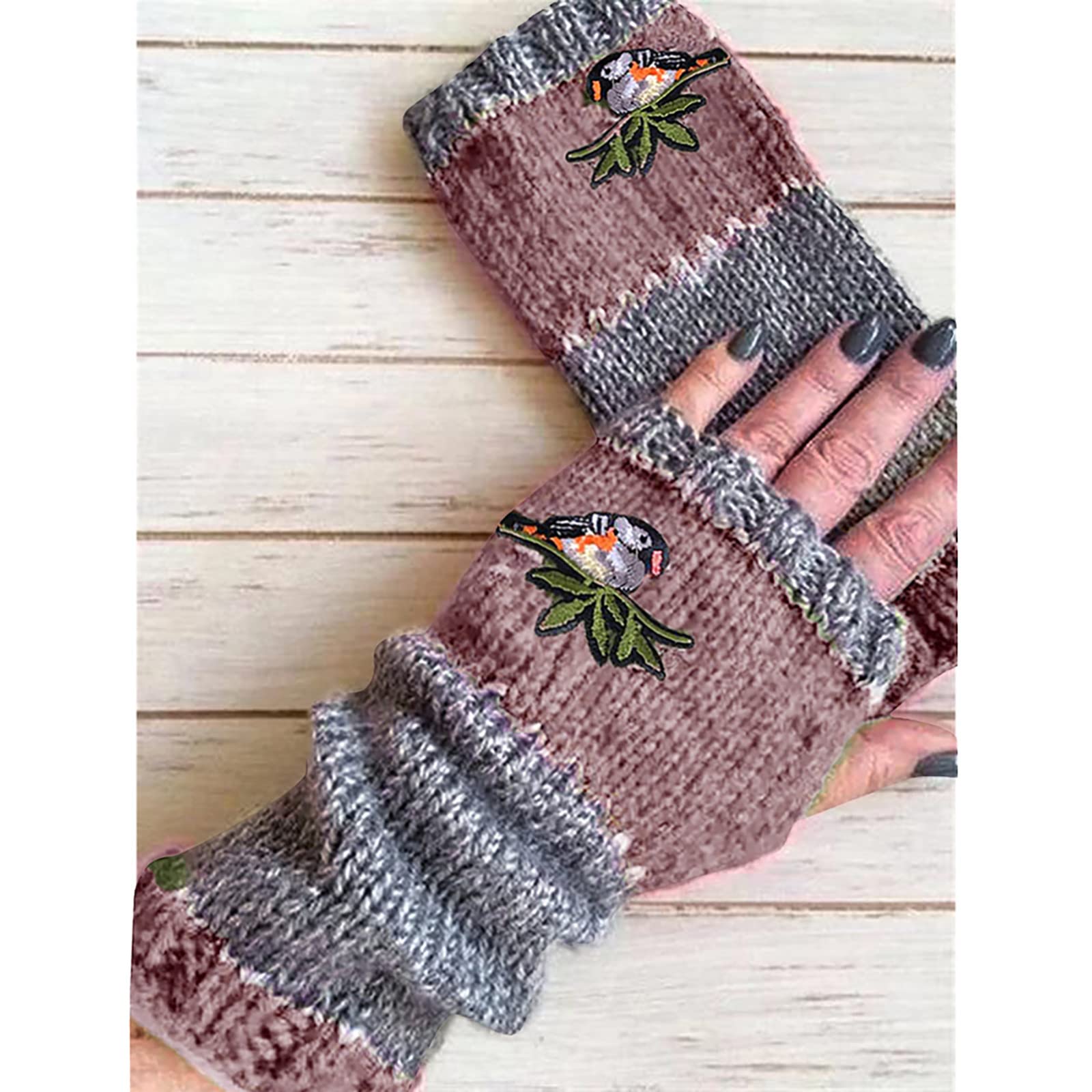 Embroidery Knitted Fingerless Gloves for Women Winter Warm Mittens for Cold Weather (Pink, One Size)