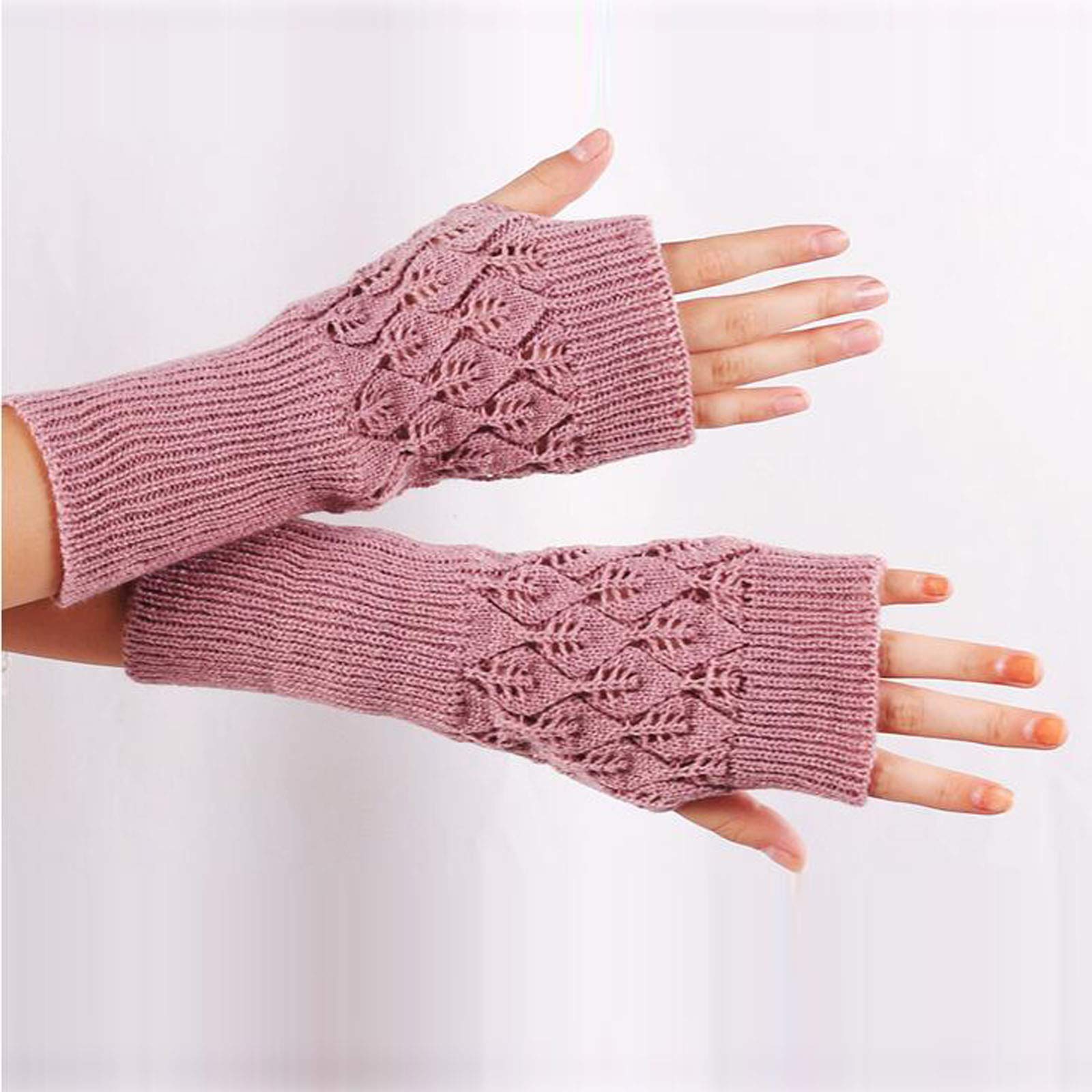 Fingerless Knitted Gloves for Women Winter Warm Mittens Wrist Warmers Solid Color Stretchy Gloves (Hot Pink, One Size)