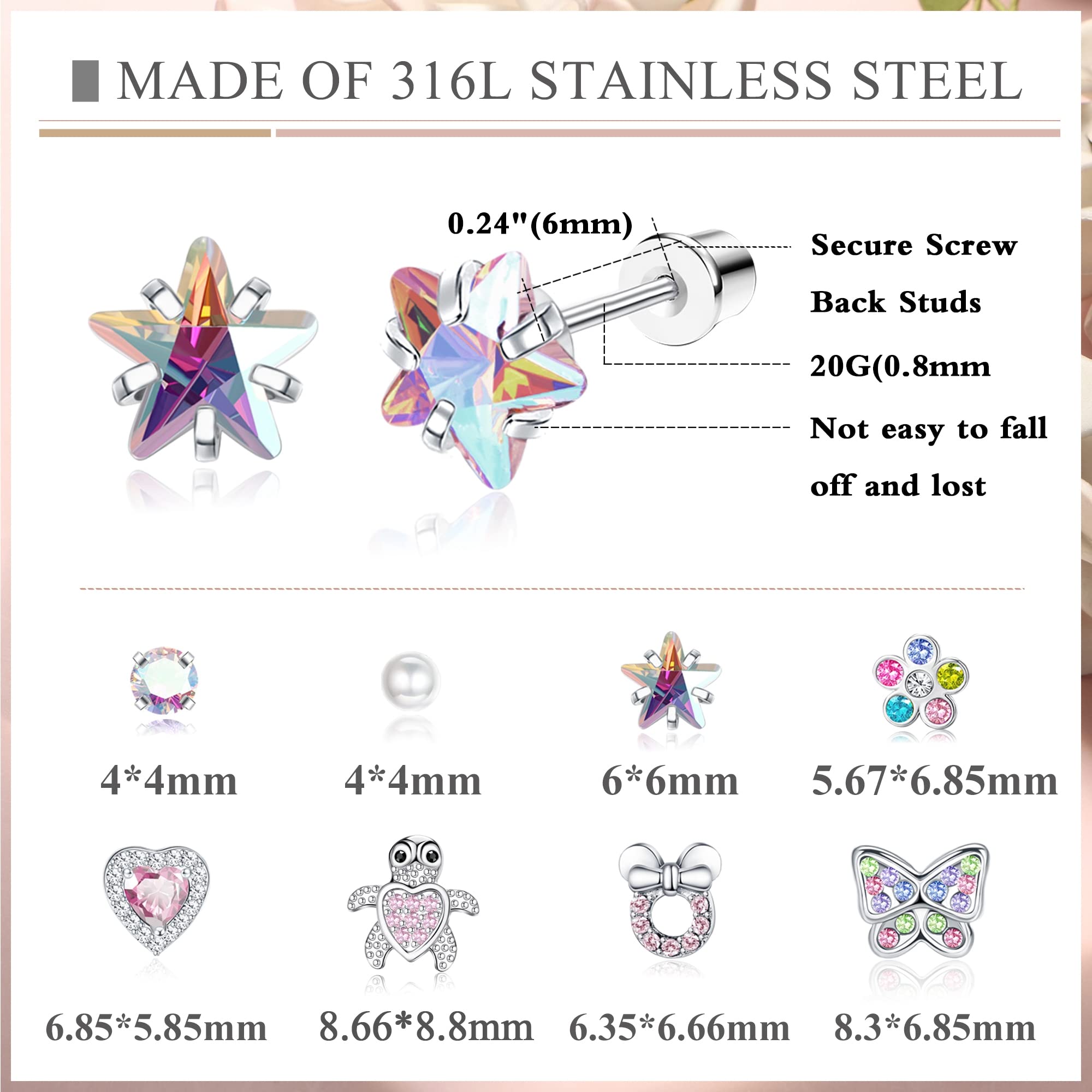 ZELORES 8 Pairs Screwback Earrings for Women Pink CZ Heart Turtle Stud Earrings Stainless Steel Cute Pearl Butterfly Screw Back Earrings Set