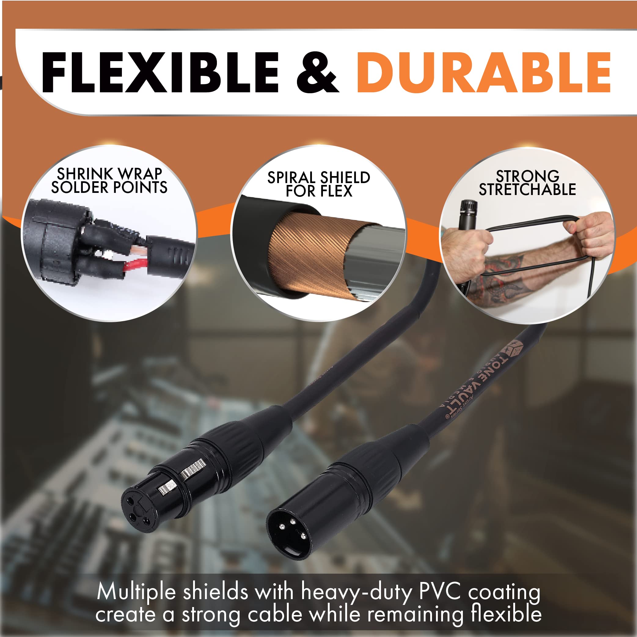 Tone Vault Audio & Media XLR Cables 25ft (1Pack), XLR Male to Female Mic Cable, 3 Pin Spiral Copper Duel 100% Shielded Microphone Cable with Oxygen Free Copper (OFC) Mic Cord for Amplifiers & Speakers