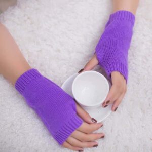 Fingerless Knitted Gloves for Women Winter Warm Mittens Wrist Warmers Stretchy Gloves (Purple, One Size)