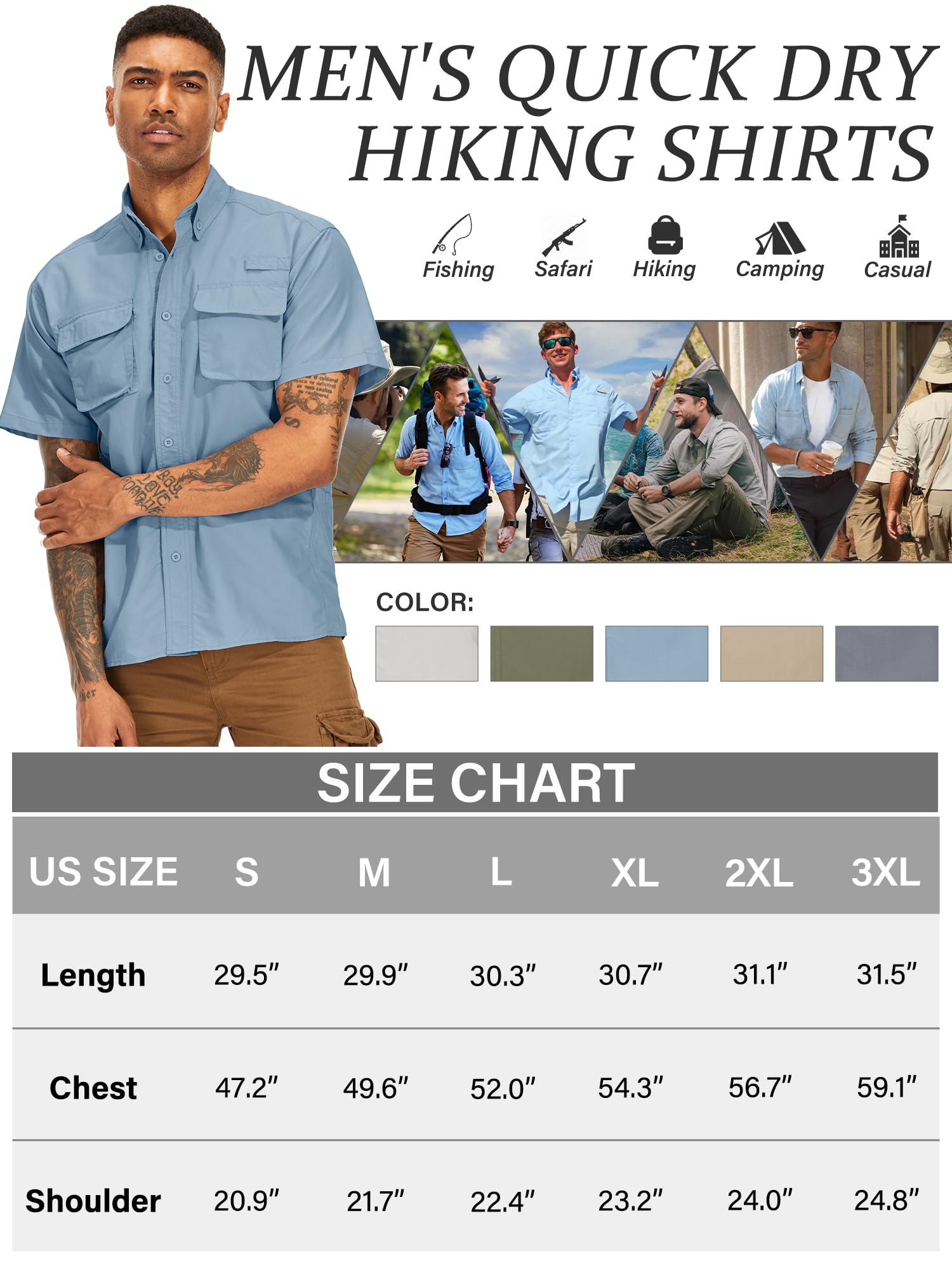 mosingle Men's Fishing Shirts with Zipper Pockets UPF50 Sun Protection Safari Cool Short Sleeve Button Down Shirts Hiking(5018,Blue-L)