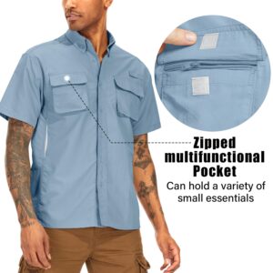 mosingle Men's Fishing Shirts with Zipper Pockets UPF50 Sun Protection Safari Cool Short Sleeve Button Down Shirts Hiking(5018,Blue-L)