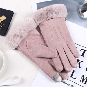 Women Suede Gloves Winter Keep Warm Mittens Full Finger Fleece Lined Gloves for Cold Weather (Pink, One Size)