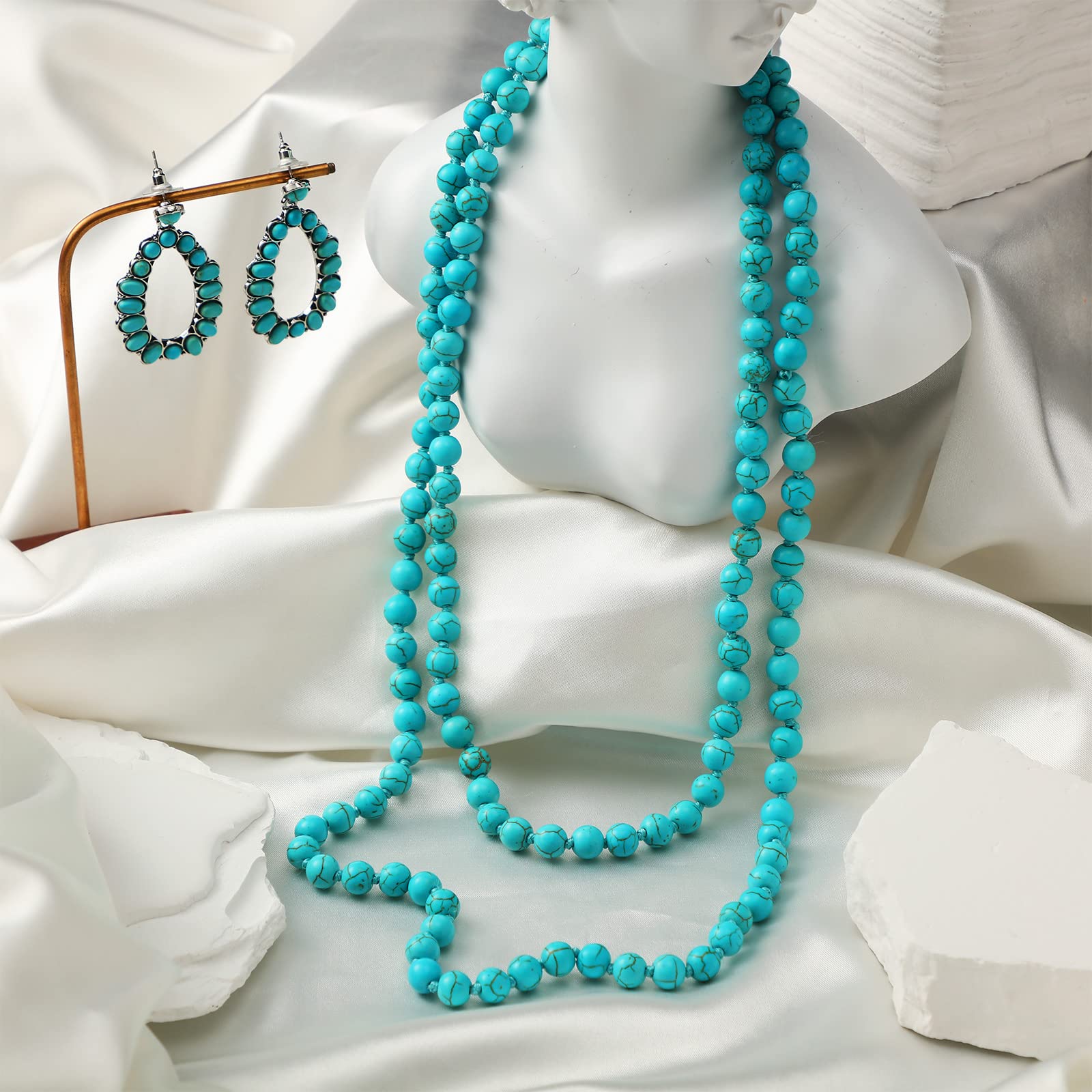 Bonuci Women Necklace Set Long Turquoise Beads Endless Vintage Jewelry Simulated Collar Western Necklace Cute Turquoise Jewelry Earring Accessories (Exquisite)