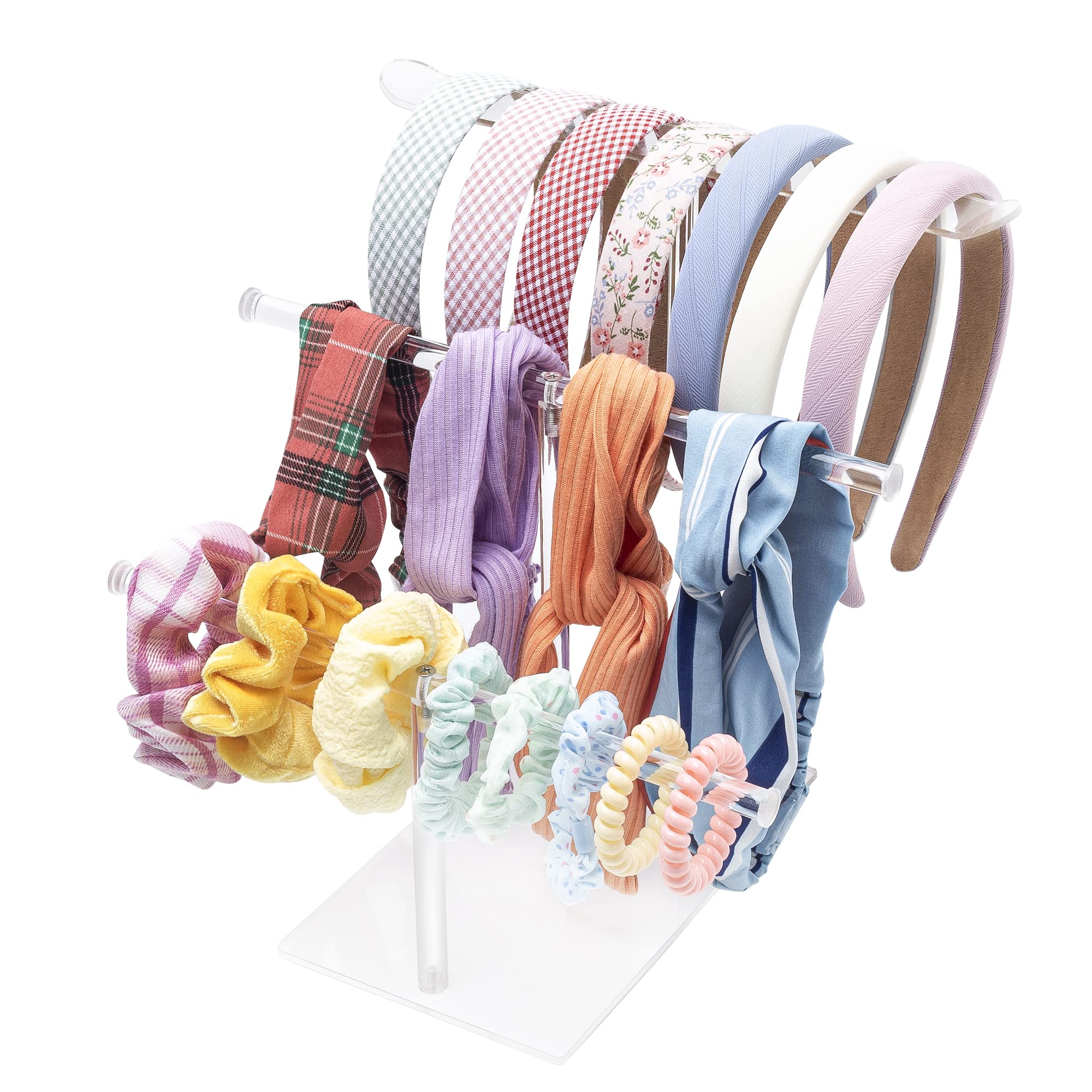 Acrylic Headband Holder Organizer Storage, 3-Tier Clear Scrunchie Holder Stand Hair Accessories Organizer Hair Tie Display Headband Stand for Women and Girls