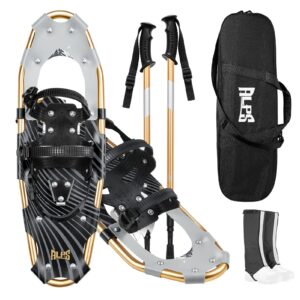 alps 14/17/21/25/30 inch lightweight snowshoes for women men youth kids, light weight aluminum alloy terrain snow shoes with pair antishock trekking poles, free carrying tote bag (gold, 21'')