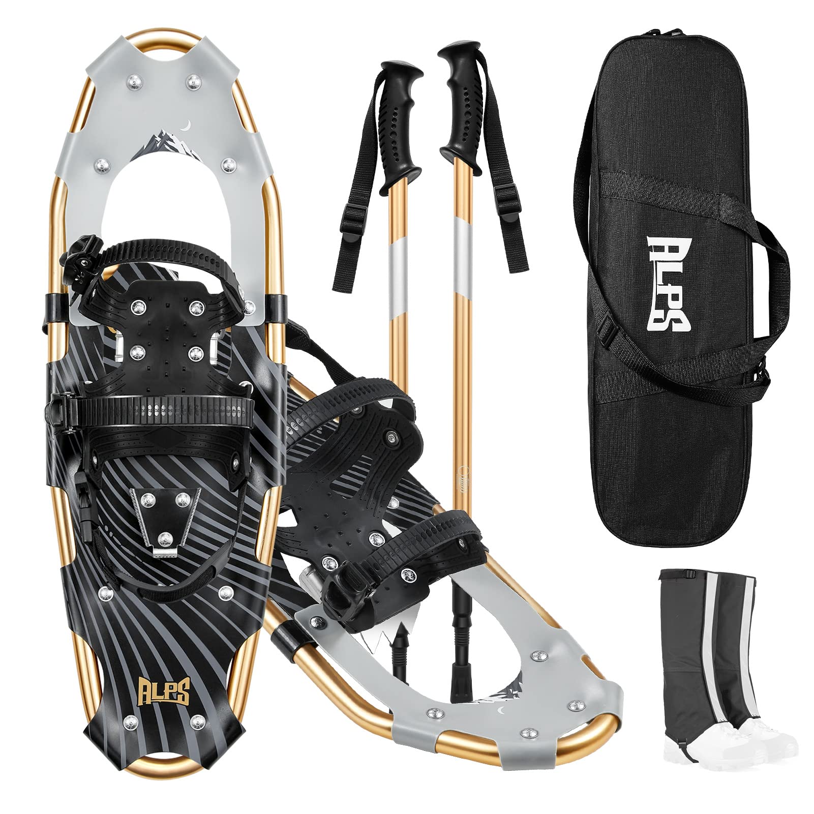 ALPS 14/17/21/25/30 Inch Lightweight Snowshoes for Women Men Youth Kids, Light Weight Aluminum Alloy Terrain Snow Shoes with Pair Antishock Trekking Poles, Free Carrying Tote Bag (Gold, 21'')