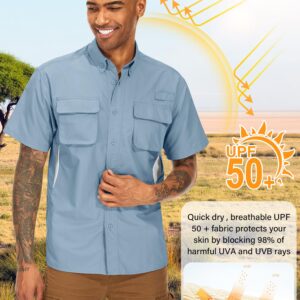 mosingle Men's Fishing Shirts with Zipper Pockets UPF50 Sun Protection Safari Cool Short Sleeve Button Down Shirts Hiking(5018,Blue-L)