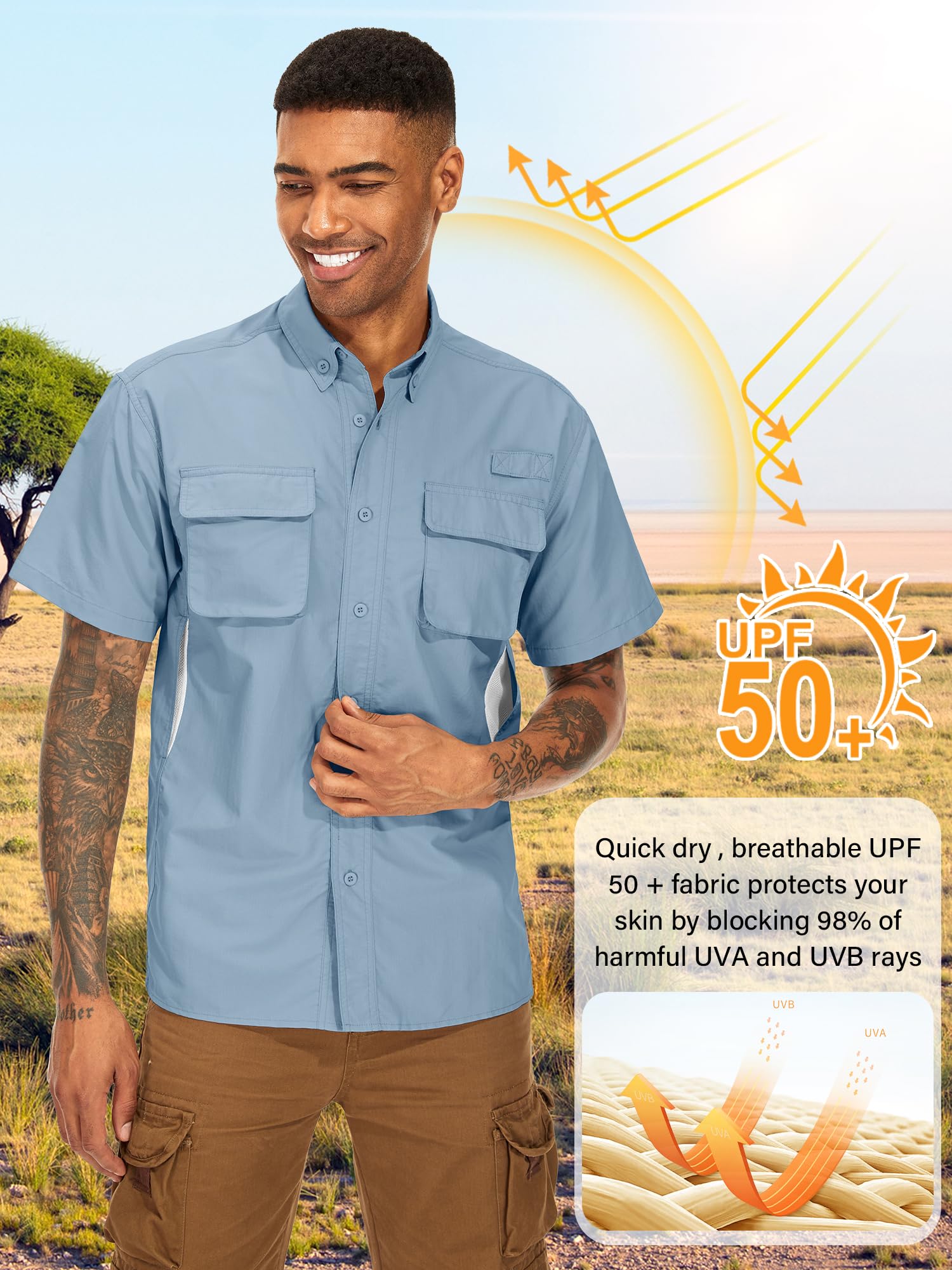 mosingle Men's Fishing Shirts with Zipper Pockets UPF50 Sun Protection Safari Cool Short Sleeve Button Down Shirts Hiking(5018,Blue-L)