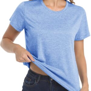 MAGCOMSEN Athletic T-Shirts for Women Short Sleeve Casual Shirts Moisture Wicking Performace Tees Fitness Running Shirts Light Blue Large