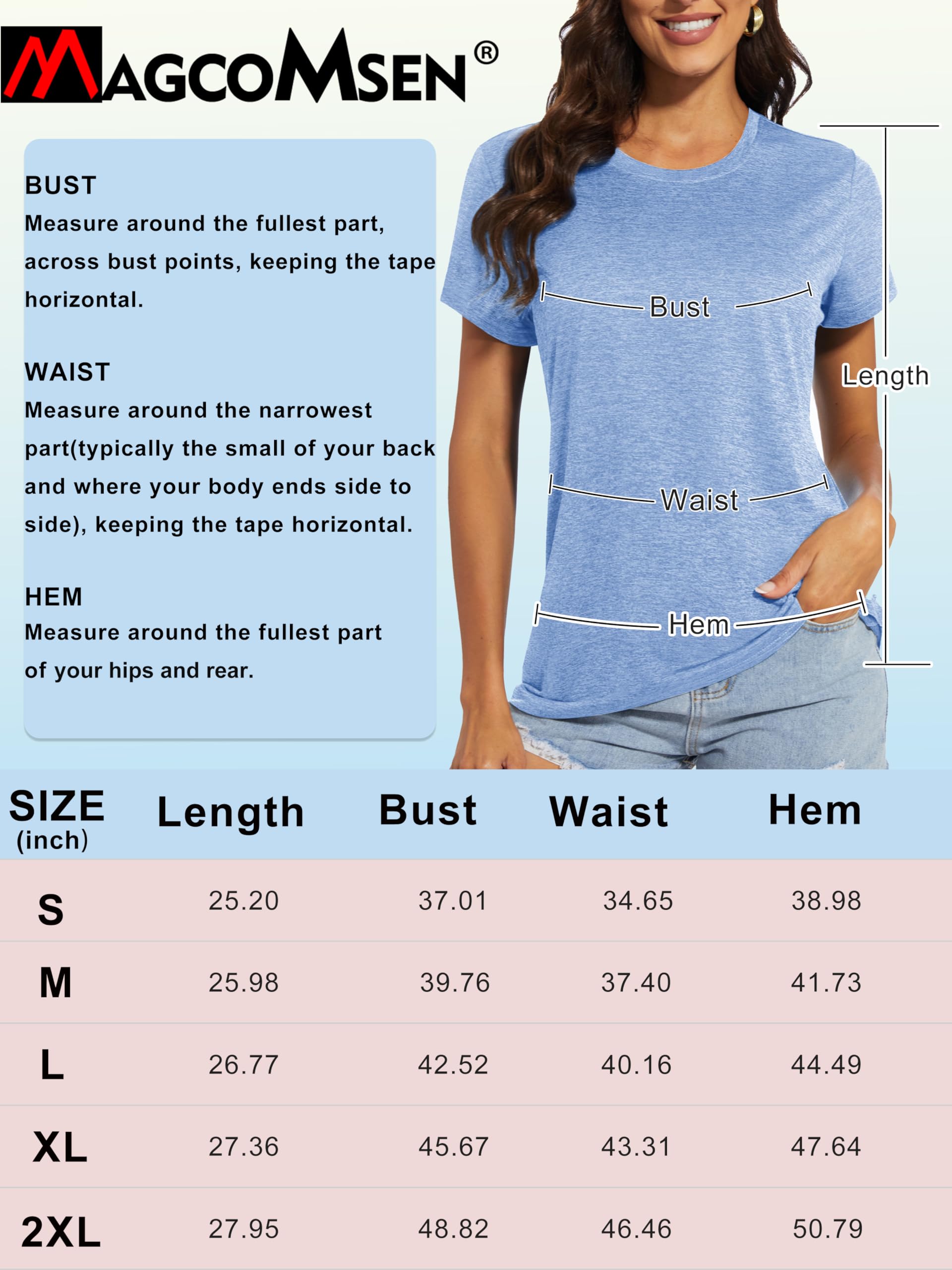 MAGCOMSEN Athletic T-Shirts for Women Short Sleeve Casual Shirts Moisture Wicking Performace Tees Fitness Running Shirts Light Blue Large