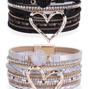 Multilayer Leather Wrap Bracelet for Women Black Leather Cuff Bracelet Western Boho Bracelet with Clasp Rhinestone Leather Bracelets Jewelry for Women Trendy Stocking Stuffers