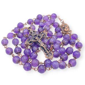 Nazareth Store Vintage Design Rosary Necklace Purple Amethyst Stone Beads 8mm Holy Soil Medal & Cross Crucifix Religious Rosaries Terra Santa Jerusalem Collection