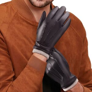 MAGILINK Mens Leather Gloves Touchscreen Texting, Winter Gloves Men Cold Weather with Warm Thermal Wool Fleece Lined, Driving Gloves Men Anti-Slip Motorcycle Cycling(Black-L)