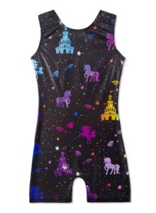 hoziy 5/6 leotard gymnastics black diamond castle unicorn biketard bike shorts fancy starry stars outfits galaxy rainbow colorful multicolor 5t size 5-6 year old sparkle