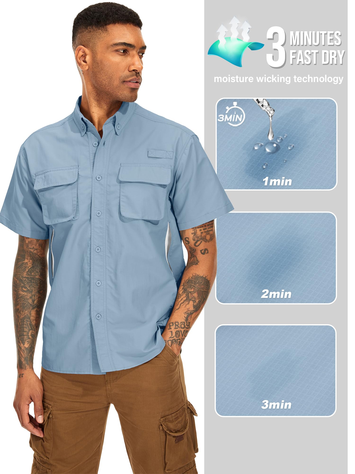 mosingle Men's Fishing Shirts with Zipper Pockets UPF50 Sun Protection Safari Cool Short Sleeve Button Down Shirts Hiking(5018,Blue-L)