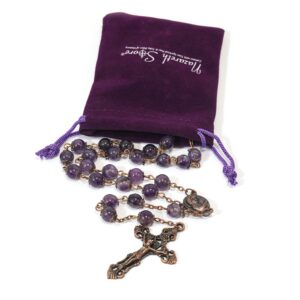 Nazareth Store Vintage Design Rosary Necklace Purple Amethyst Stone Beads 8mm Holy Soil Medal & Cross Crucifix Religious Rosaries Terra Santa Jerusalem Collection