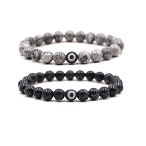 8mm Natural Stone Chakra Bead Elephant Evil Eye Stretch Bracelets Lukcy Protection Lava Rock Healing Balancing Stress Relief Yoga Bracelet for Women and Men-Evil Eye Black+Grey