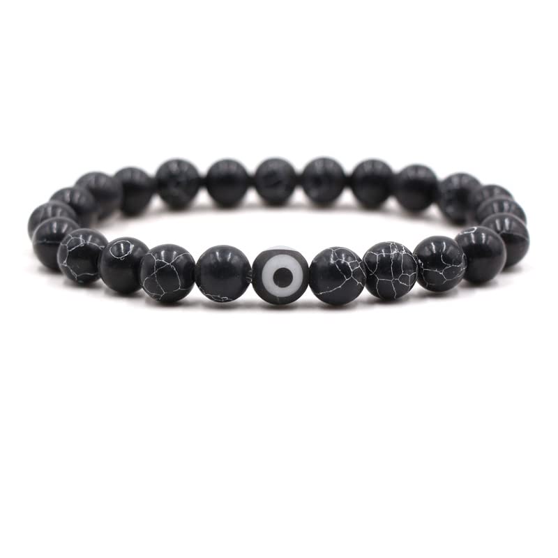 8mm Natural Stone Chakra Bead Elephant Evil Eye Stretch Bracelets Lukcy Protection Lava Rock Healing Balancing Stress Relief Yoga Bracelet for Women and Men-Evil Eye Black+Grey