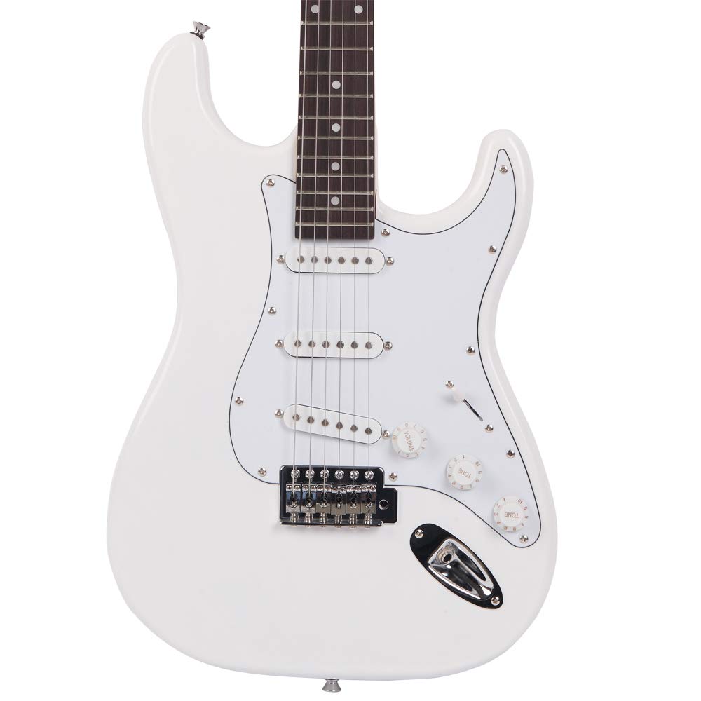 39 Inch Rosewood Fingerboard Electric Guitar,Electric Guitar Beginner Kit Solid Body Full Size Pick Up for Starter, with Bag, Picks, Capo, Strap, Cord,Allen Wrench, Tremolo Arm (White)