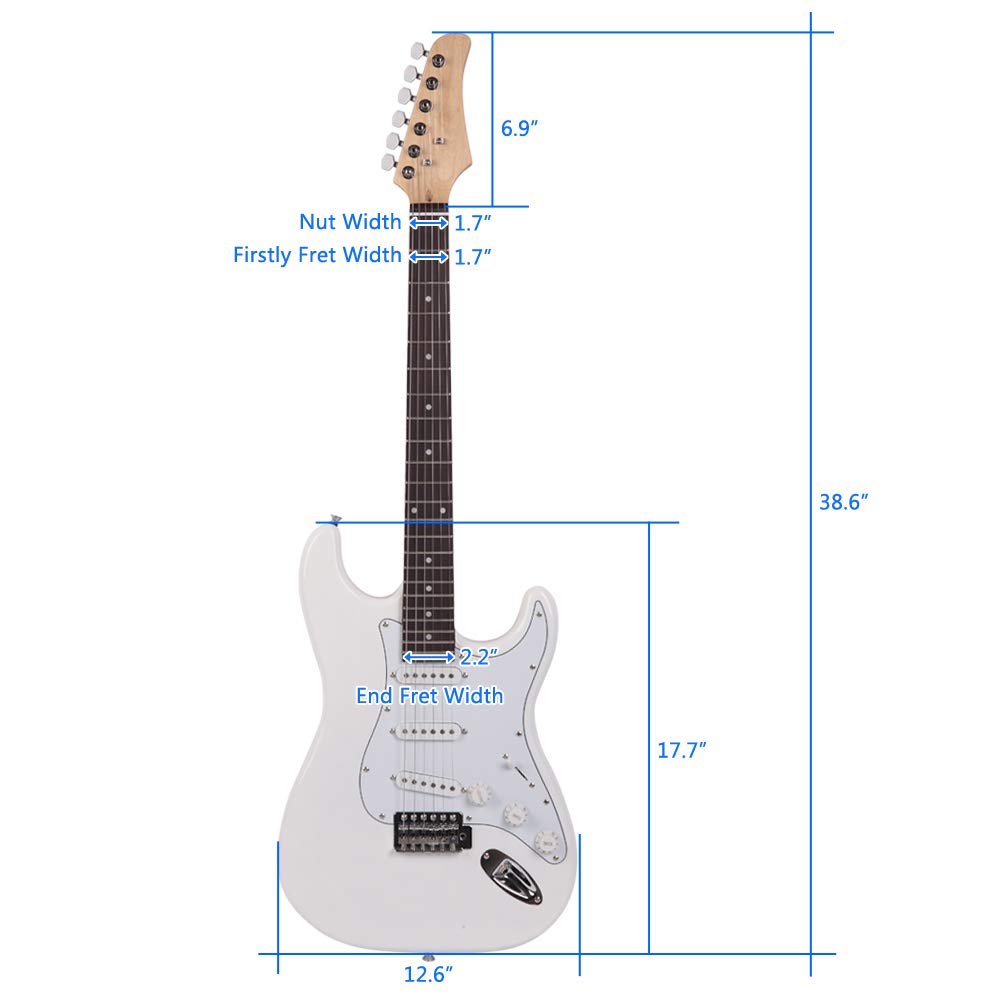 39 Inch Rosewood Fingerboard Electric Guitar,Electric Guitar Beginner Kit Solid Body Full Size Pick Up for Starter, with Bag, Picks, Capo, Strap, Cord,Allen Wrench, Tremolo Arm (White)