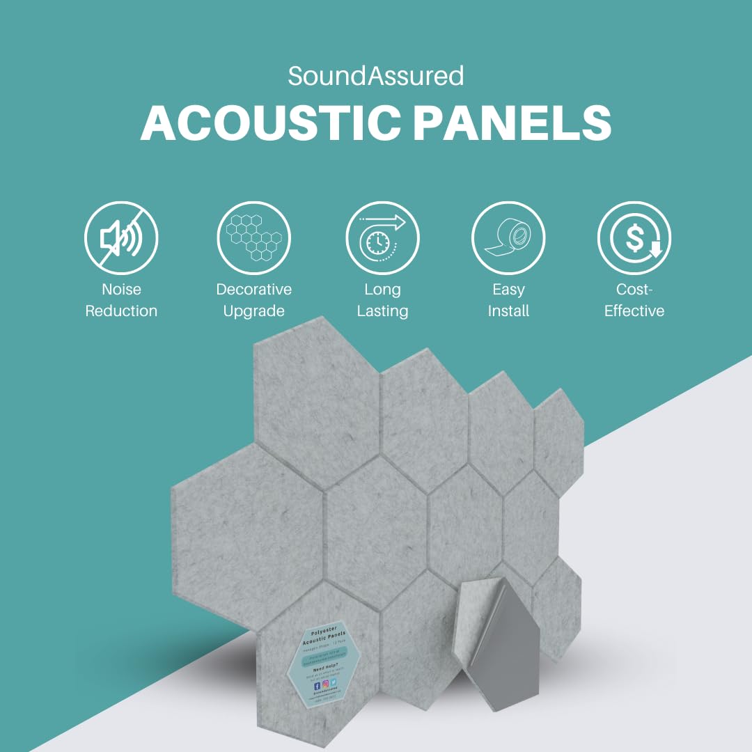 Hexagon Acoustic Panels for Sound Dampening - 12 Pack Self Adhesive Sound Absorption Panels - Eco Friendly Acoustic Treatment for Echo Reduction (Marble Gray)