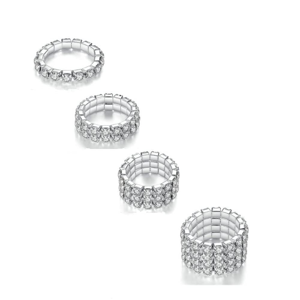 Sparkling Rhinestone Ring Set Trendy Elastic Rhinestone Crystal Stretch Ring Stackable Jewelry for Women Girls-Silver