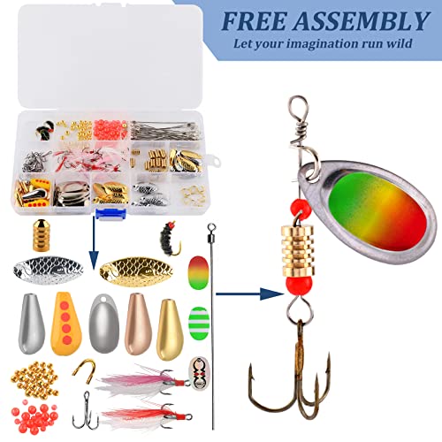 Fishing Lure DIY Kit 228pcs Spinner Making Kit Spinnerbaits Accessory Blade Clevis Wire Shaft Treble Hooks Tackle Set Fishing Spoon Rigs Fishing Gift