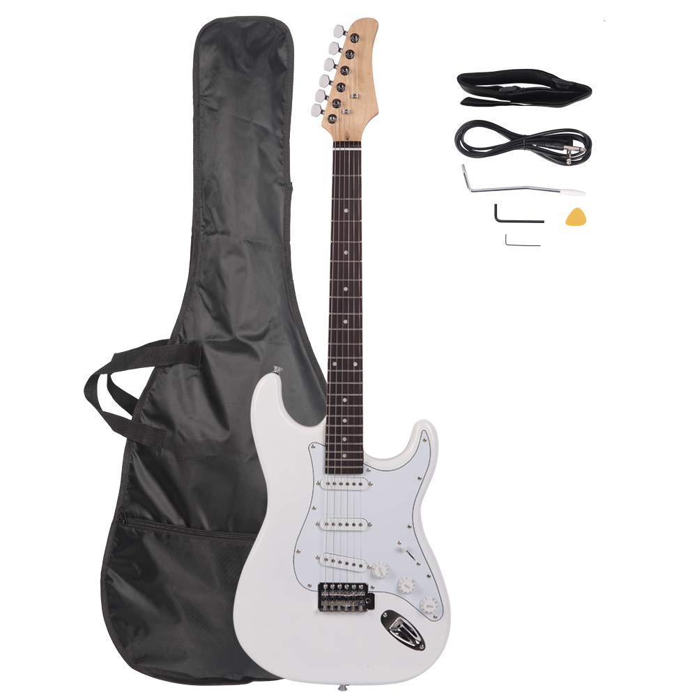 39 Inch Rosewood Fingerboard Electric Guitar,Electric Guitar Beginner Kit Solid Body Full Size Pick Up for Starter, with Bag, Picks, Capo, Strap, Cord,Allen Wrench, Tremolo Arm (White)